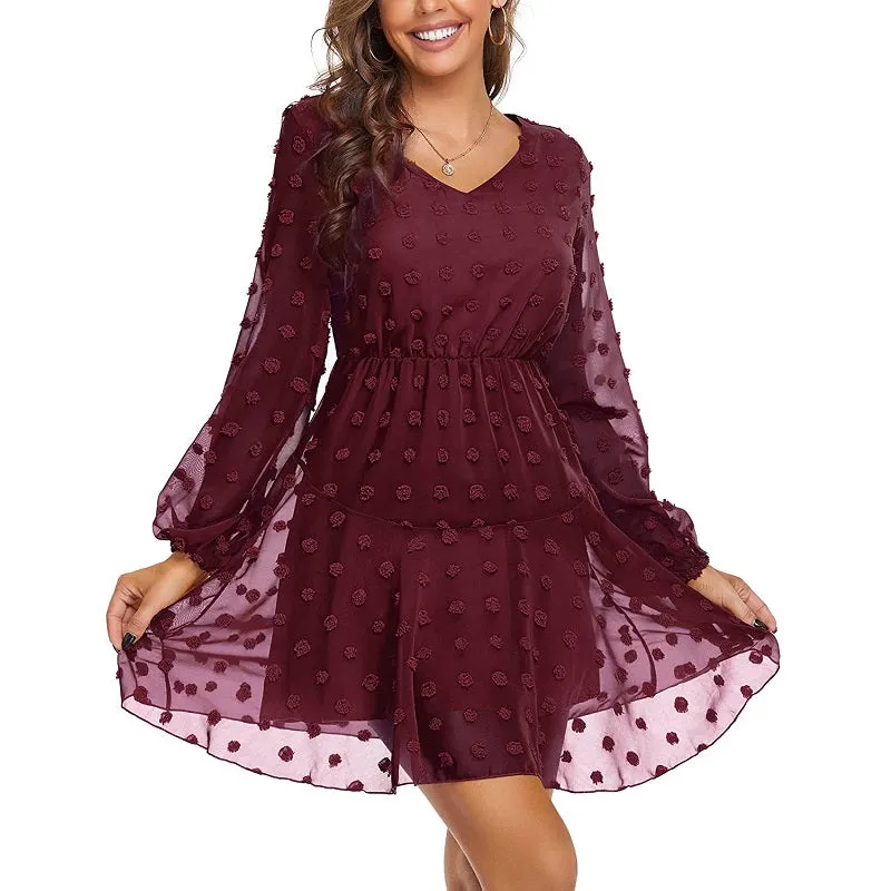 Womens Dot V-Neck Long Sleeve Chiffon Casual Dress