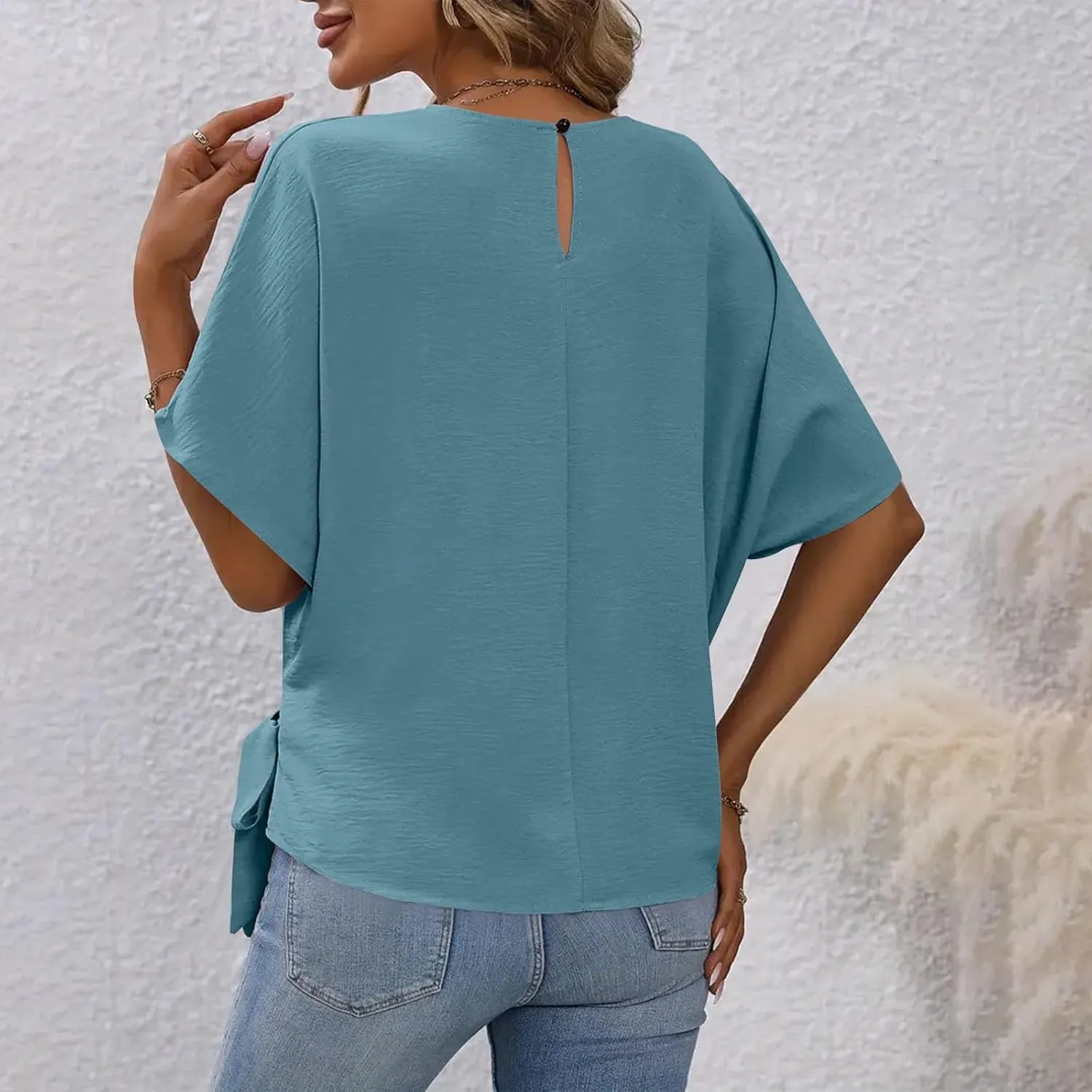 Women's Fashion Batwing Sleeve Shirts Round Neck Tie Knot Side Blouse Oversized Textured Tops Solid Color Tee Tunics