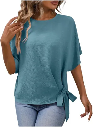 Women's Fashion Batwing Sleeve Shirts Round Neck Tie Knot Side Blouse Oversized Textured Tops Solid Color Tee Tunics