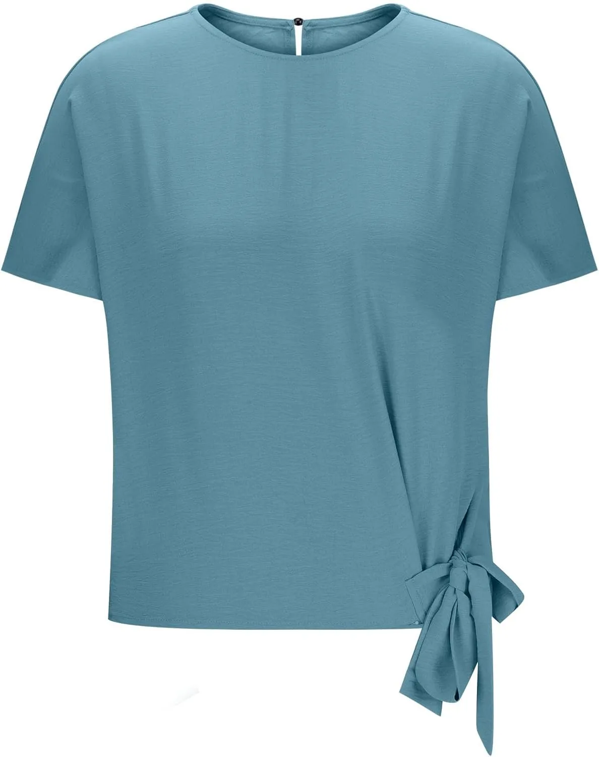 Women's Fashion Batwing Sleeve Shirts Round Neck Tie Knot Side Blouse Oversized Textured Tops Solid Color Tee Tunics