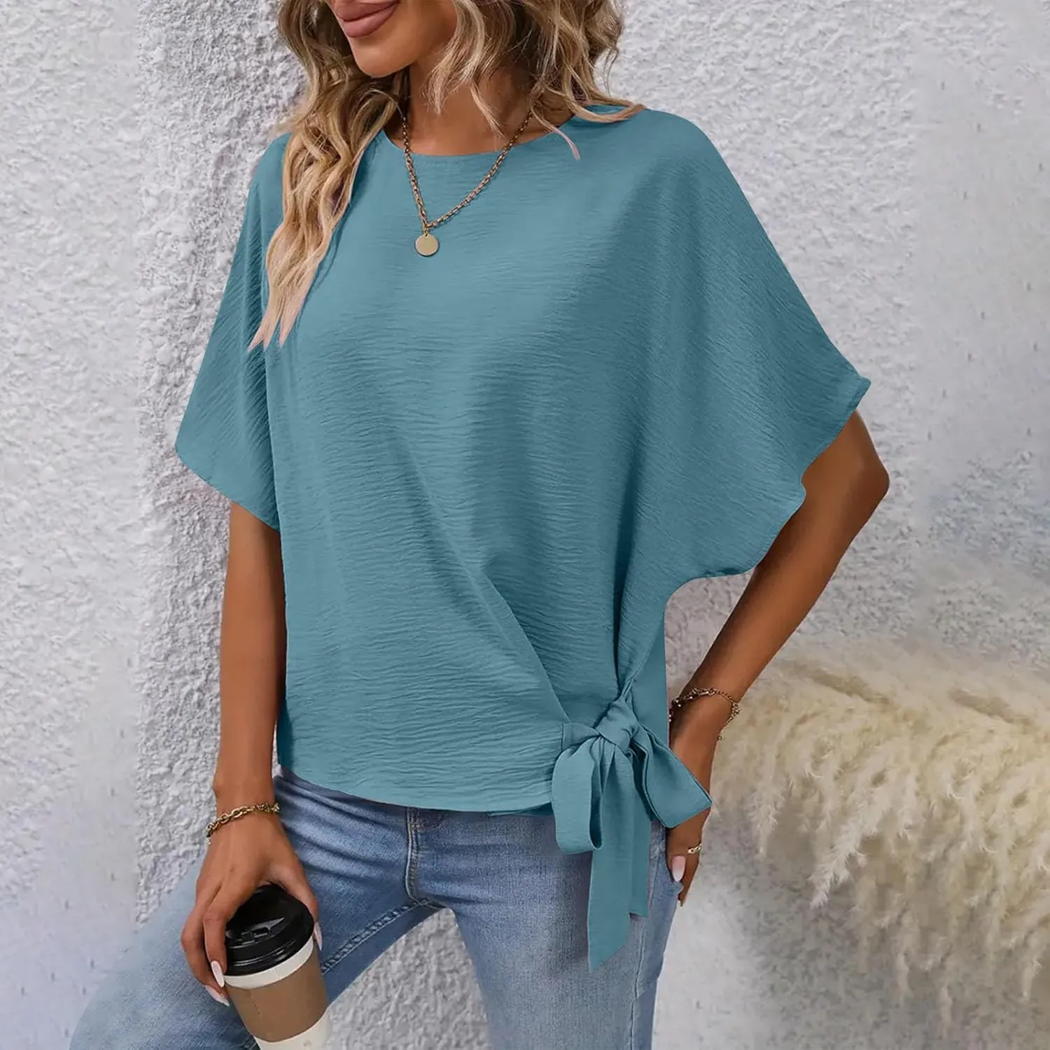 Women's Fashion Batwing Sleeve Shirts Round Neck Tie Knot Side Blouse Oversized Textured Tops Solid Color Tee Tunics