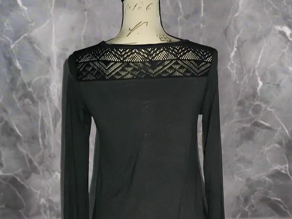 Womens Gray Lace Trim Top, Soft Long Sleeve Shirt, Faux Button Top, Sizes S/M/L, Solid Gray