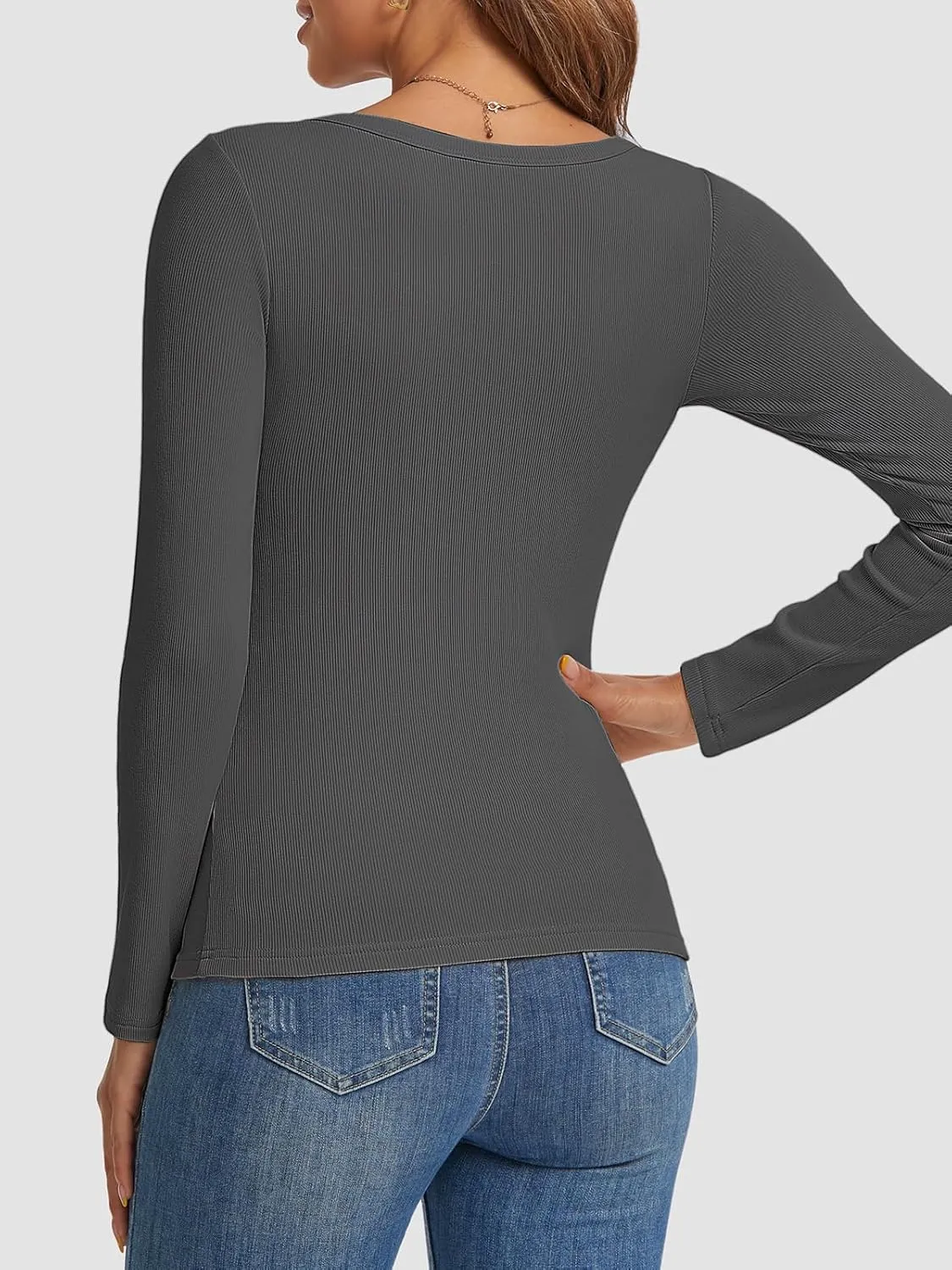 Womens Long Sleeve Scoop Neck Shirts Ribbed Knit Tops Slim Fitted Tees Basic Casual Fall Outfits