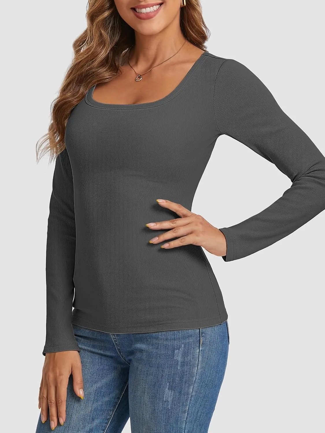 Womens Long Sleeve Scoop Neck Shirts Ribbed Knit Tops Slim Fitted Tees Basic Casual Fall Outfits