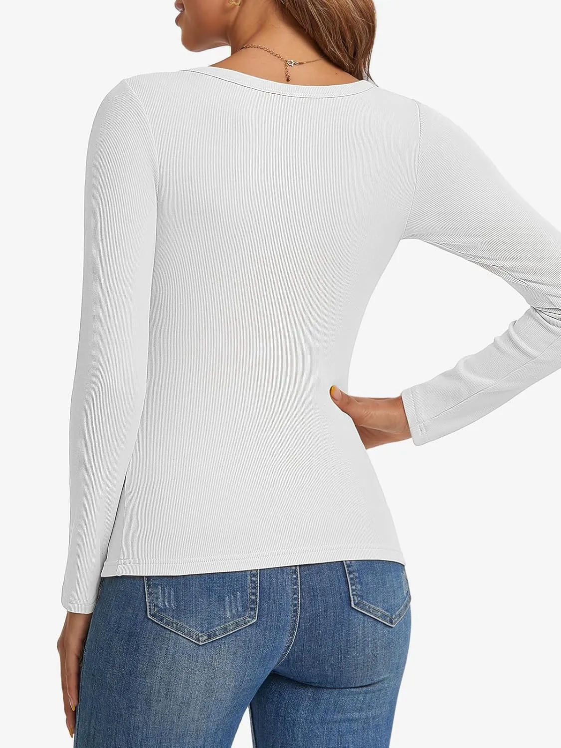 Womens Long Sleeve Scoop Neck Shirts Ribbed Knit Tops Slim Fitted Tees Basic Casual Fall Outfits