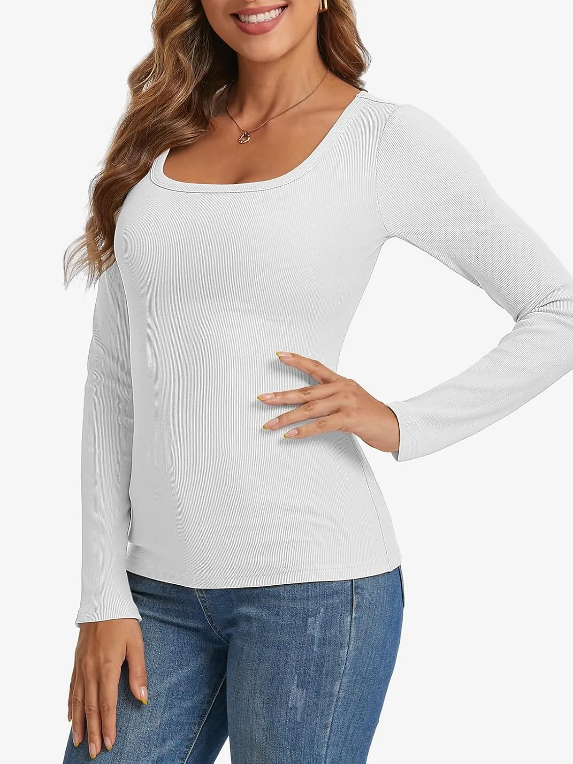 Womens Long Sleeve Scoop Neck Shirts Ribbed Knit Tops Slim Fitted Tees Basic Casual Fall Outfits
