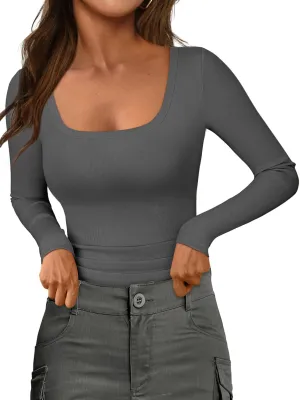 Womens Long Sleeve Scoop Neck Shirts Ribbed Knit Tops Slim Fitted Tees Basic Casual Fall Outfits