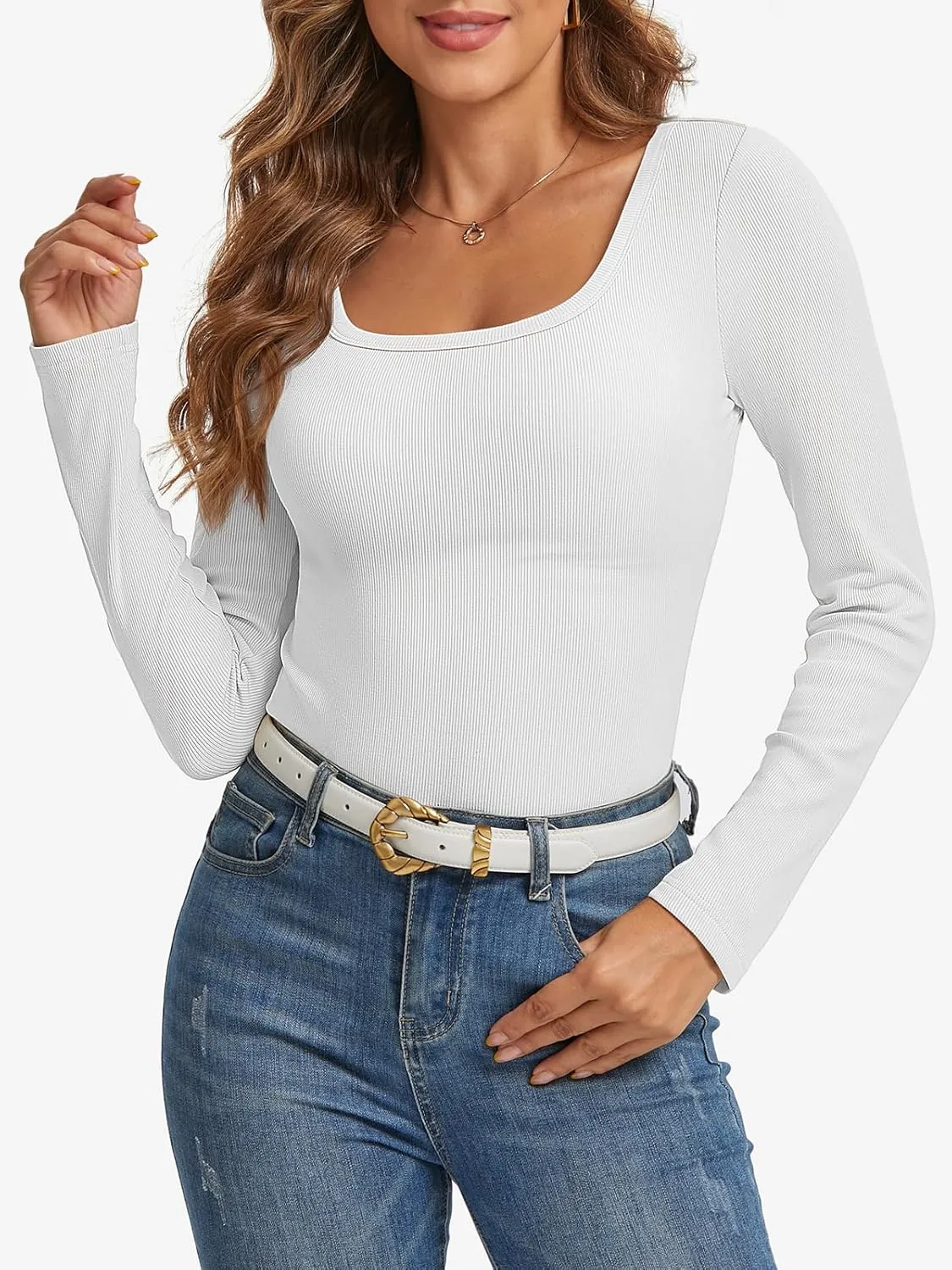 Womens Long Sleeve Scoop Neck Shirts Ribbed Knit Tops Slim Fitted Tees Basic Casual Fall Outfits