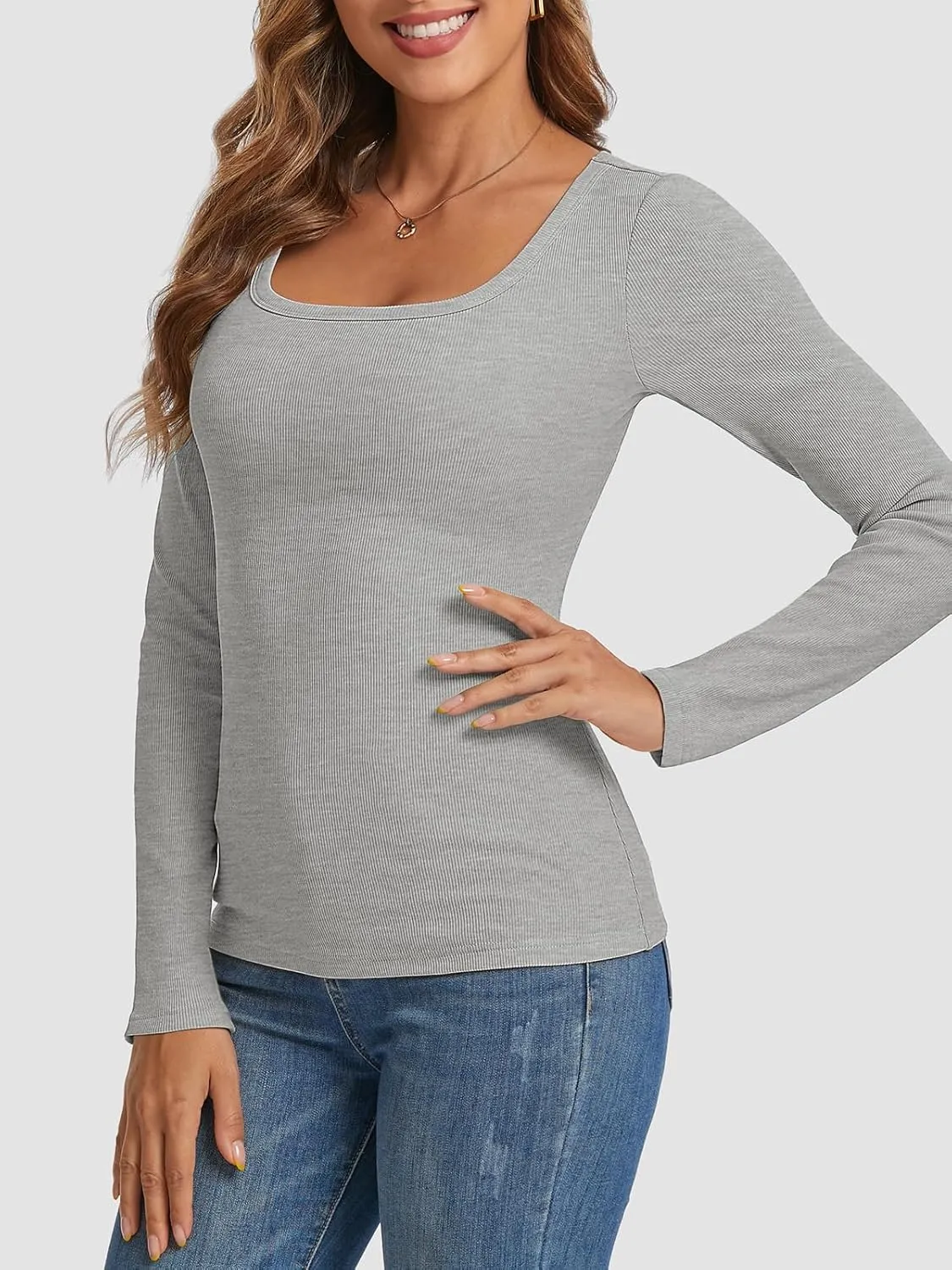 Womens Long Sleeve Scoop Neck Shirts Ribbed Knit Tops Slim Fitted Tees Basic Casual Fall Outfits
