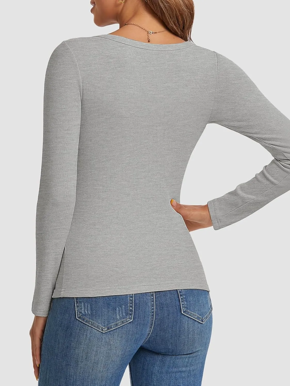Womens Long Sleeve Scoop Neck Shirts Ribbed Knit Tops Slim Fitted Tees Basic Casual Fall Outfits