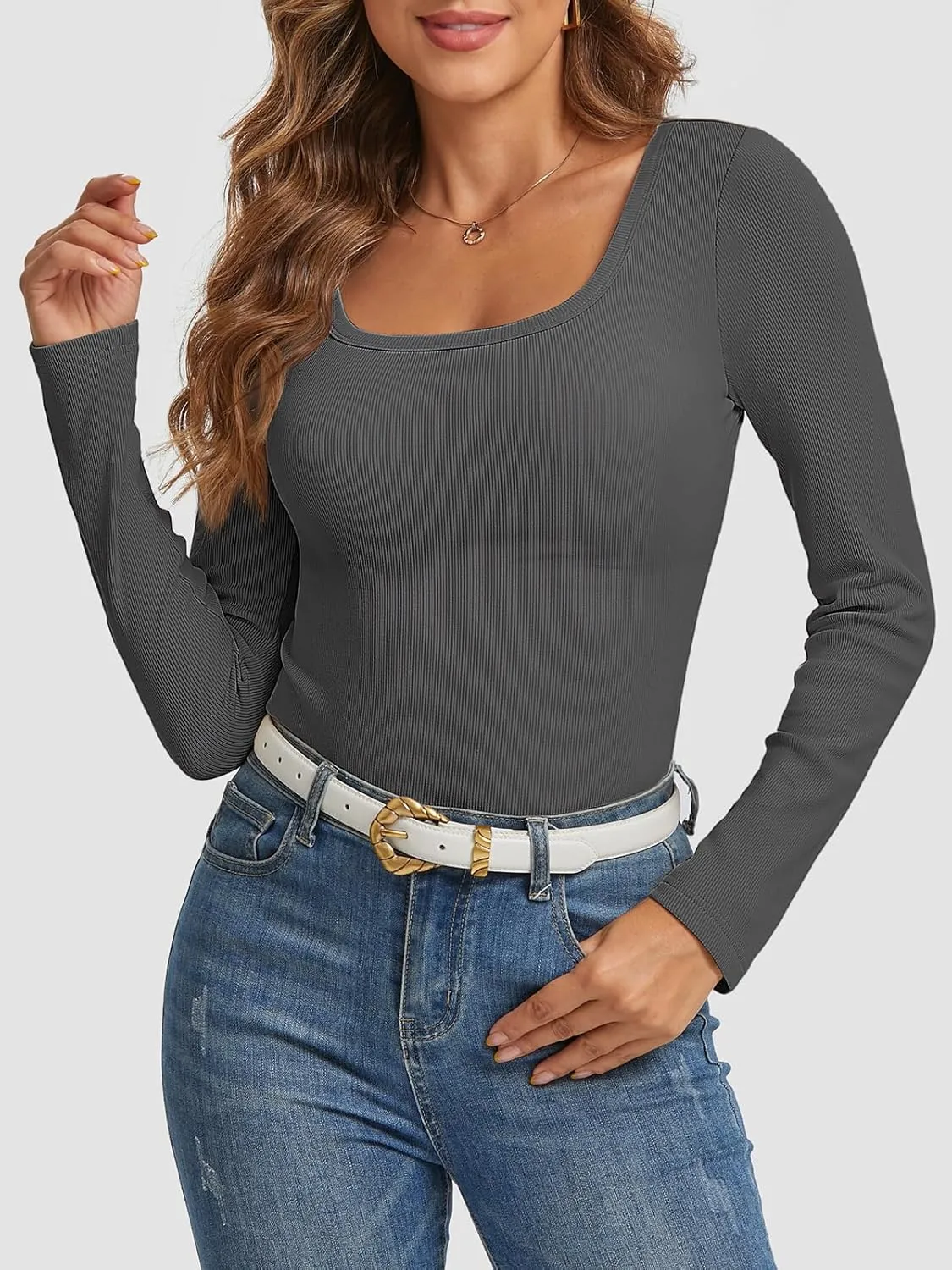 Womens Long Sleeve Scoop Neck Shirts Ribbed Knit Tops Slim Fitted Tees Basic Casual Fall Outfits