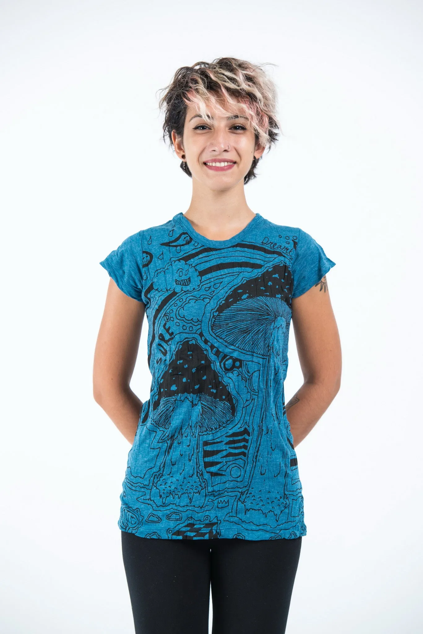Womens Magic Mushroom T-Shirt in Denim Blue