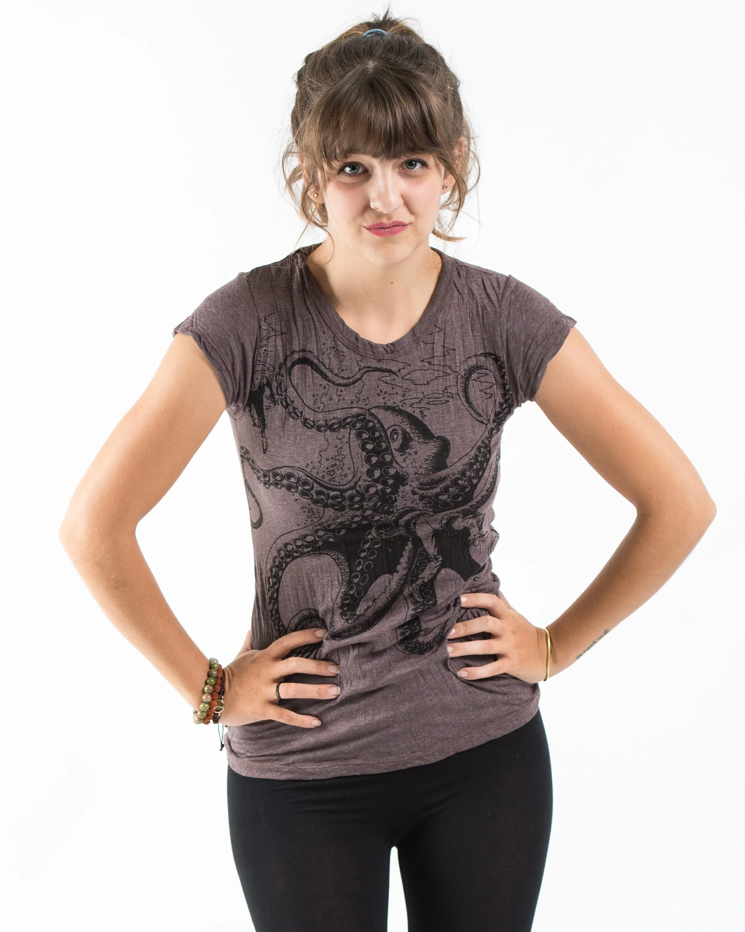 Womens Octopus T-Shirt in Brown