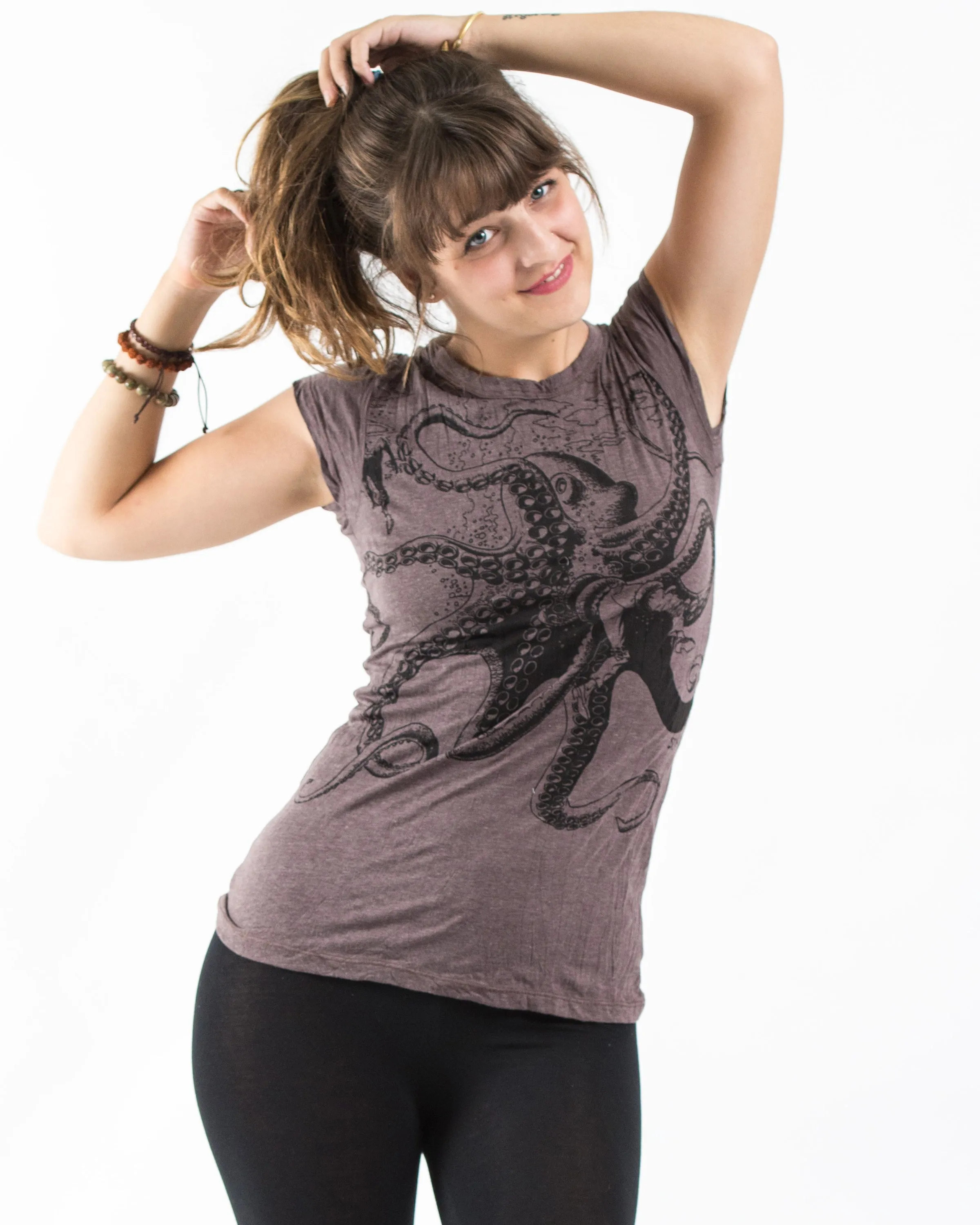 Womens Octopus T-Shirt in Brown