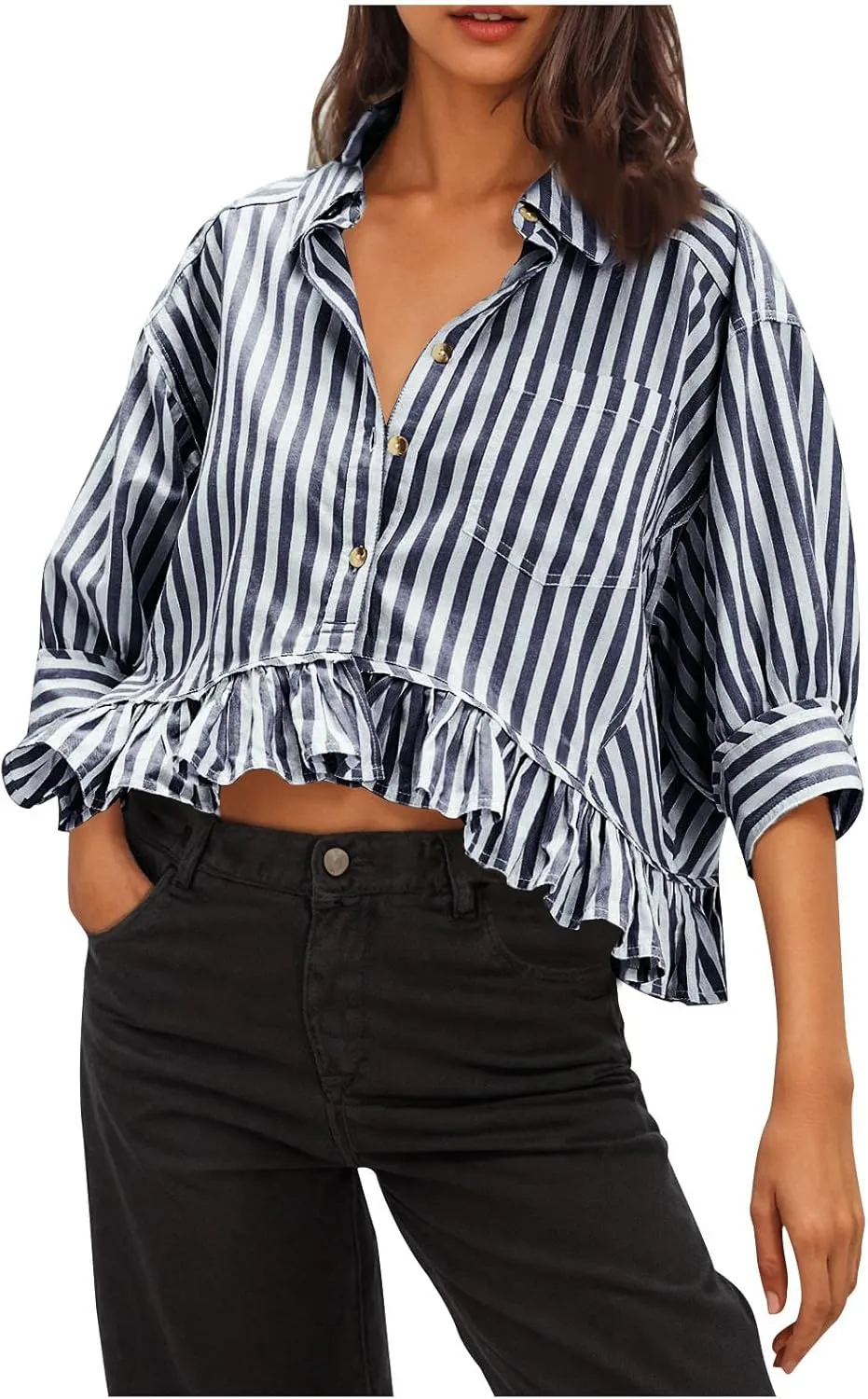 Womens Oversized Button Down 3/4 Sleeve Striped Crop Tops Summer Y2K Peplum Tops Shirts Dressy Blouse Tees