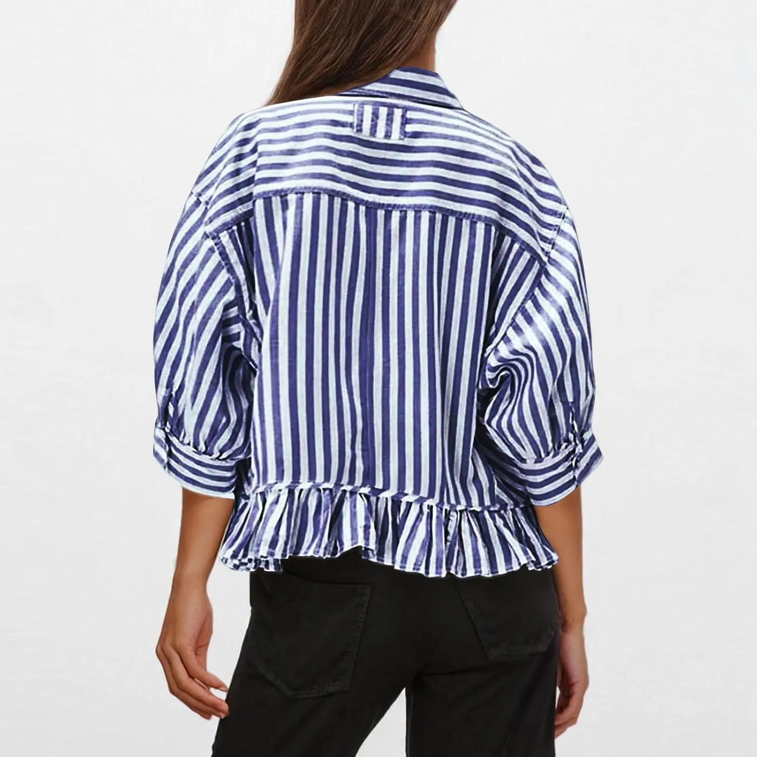 Womens Oversized Button Down 3/4 Sleeve Striped Crop Tops Summer Y2K Peplum Tops Shirts Dressy Blouse Tees
