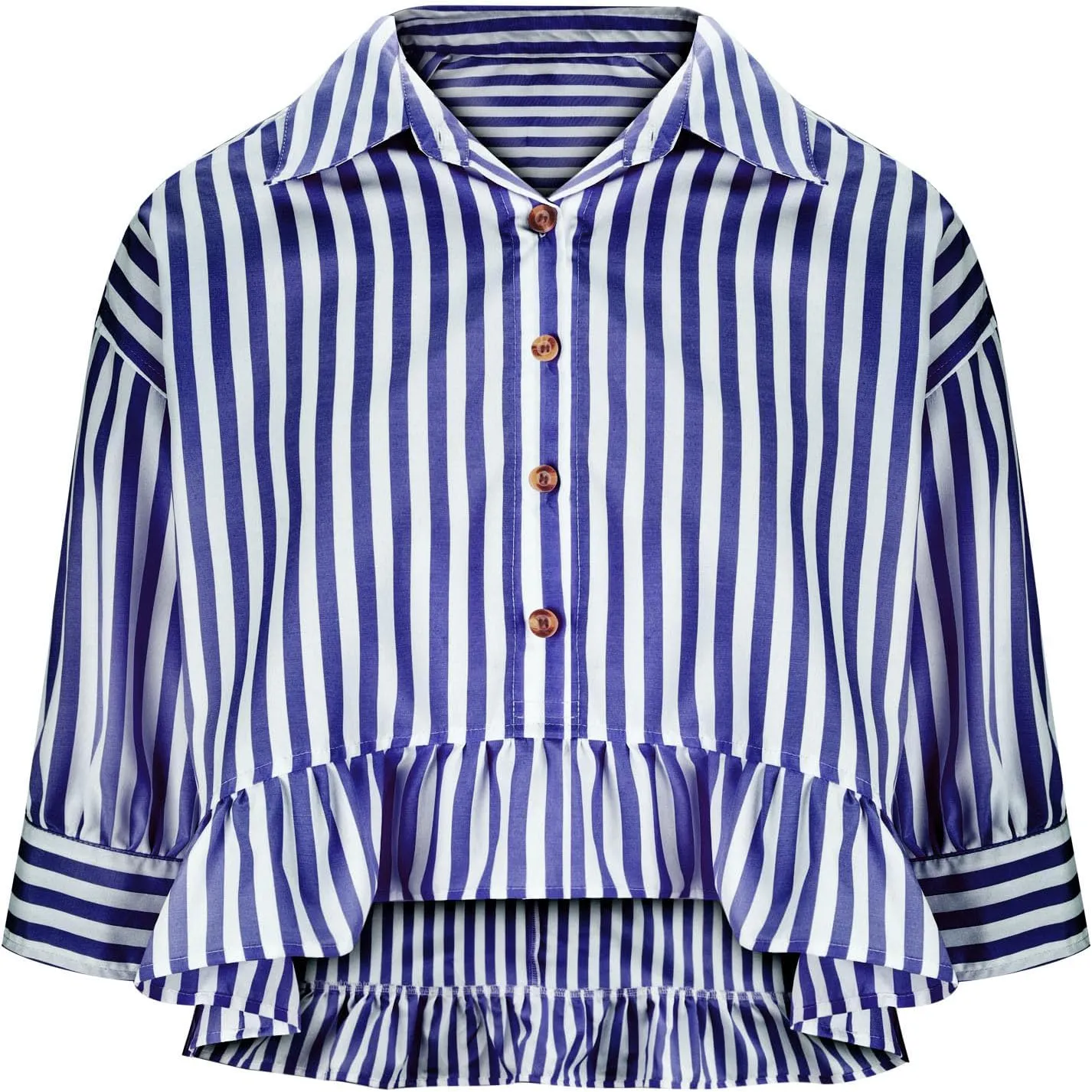 Womens Oversized Button Down 3/4 Sleeve Striped Crop Tops Summer Y2K Peplum Tops Shirts Dressy Blouse Tees