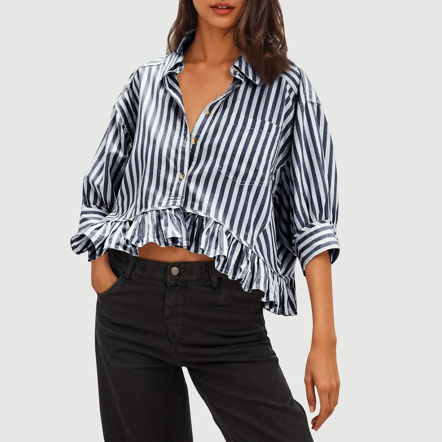 Womens Oversized Button Down 3/4 Sleeve Striped Crop Tops Summer Y2K Peplum Tops Shirts Dressy Blouse Tees