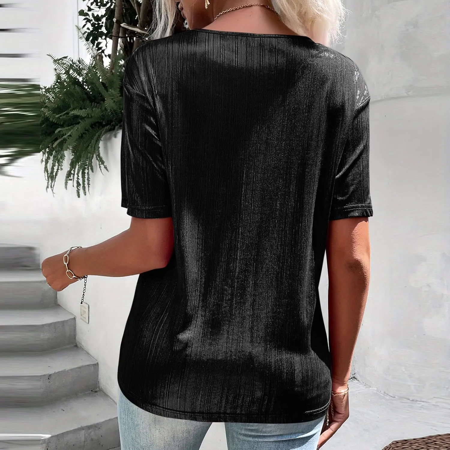 Women's Shiny Metallic Tops Short Sleeve T Shirt Glitter Party Disco Club Tees Holographic Music Festival Outfit