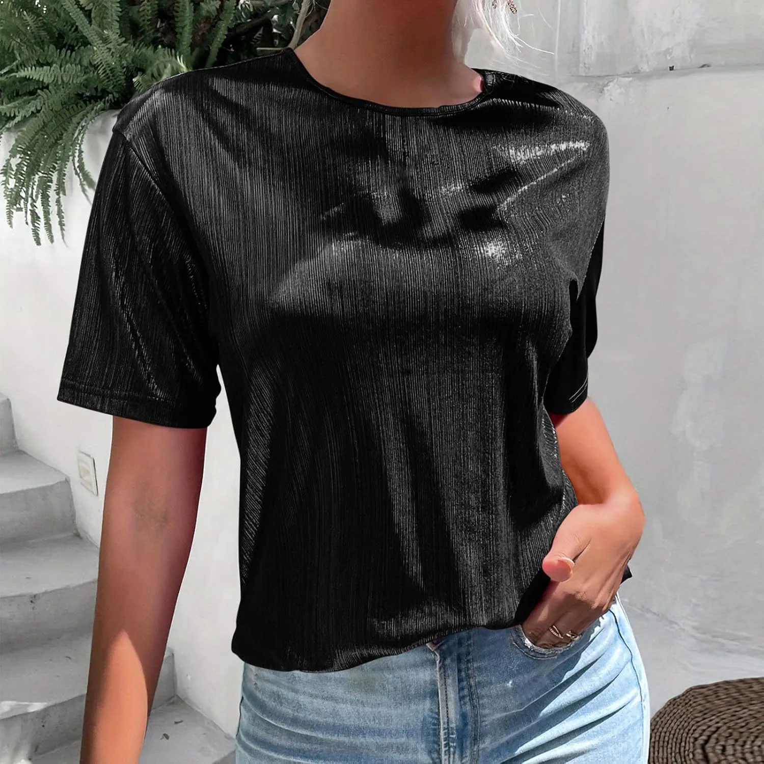 Women's Shiny Metallic Tops Short Sleeve T Shirt Glitter Party Disco Club Tees Holographic Music Festival Outfit