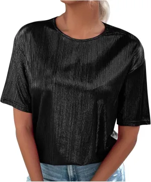 Women's Shiny Metallic Tops Short Sleeve T Shirt Glitter Party Disco Club Tees Holographic Music Festival Outfit