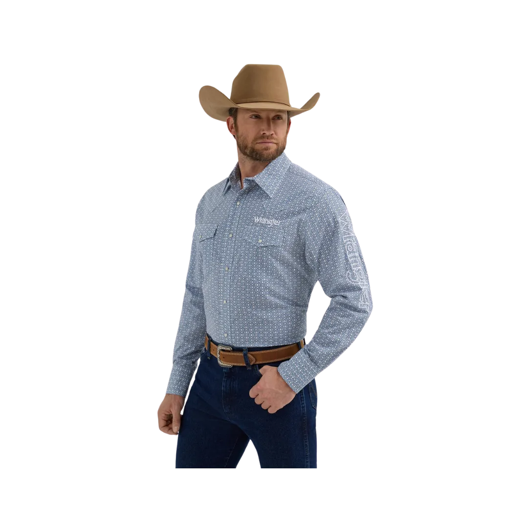 Wrangler Men's Logo Diamond Print Snap Blue Shirt