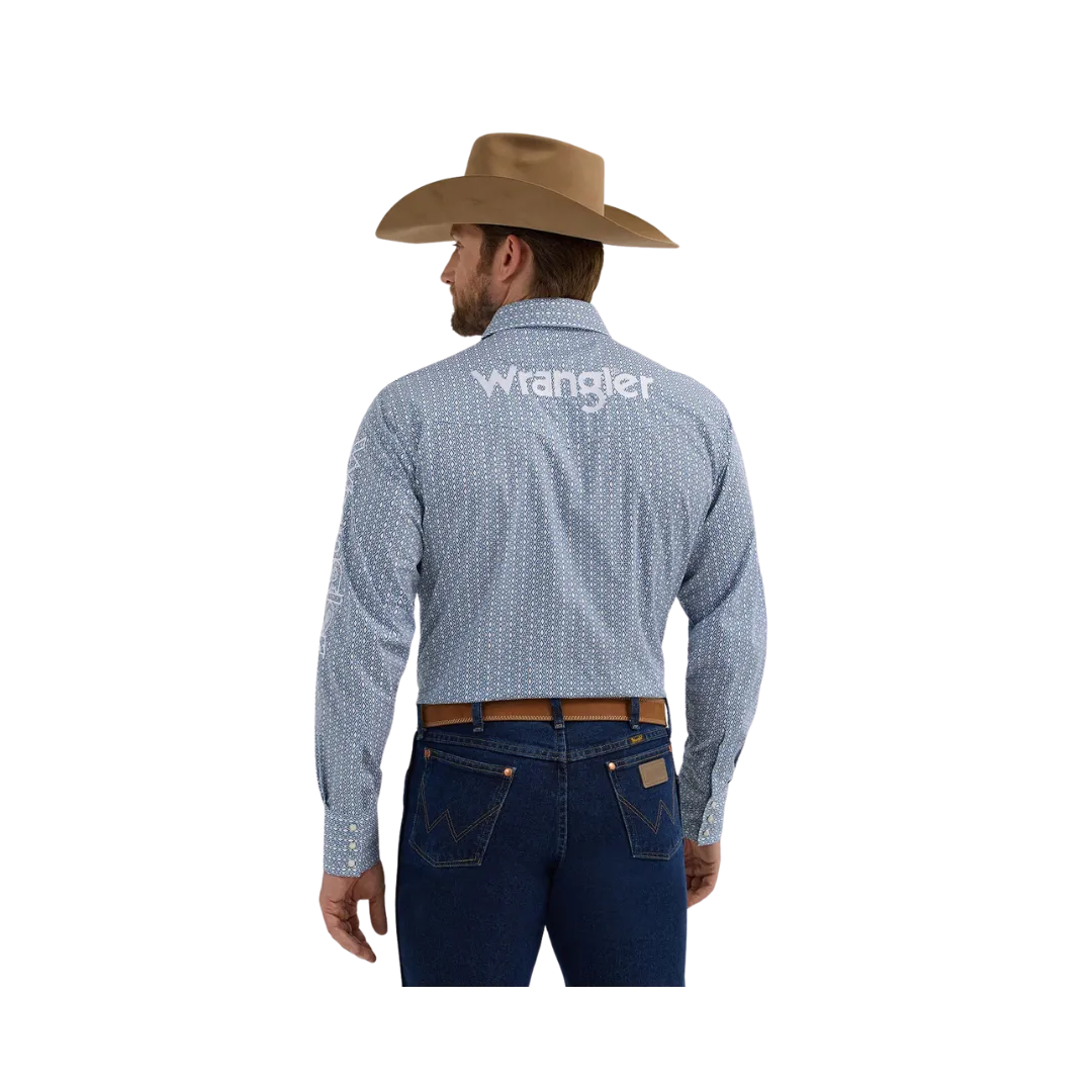 Wrangler Men's Logo Diamond Print Snap Blue Shirt