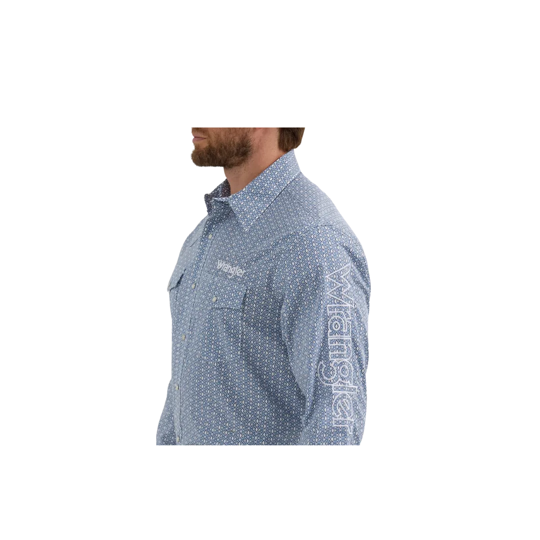 Wrangler Men's Logo Diamond Print Snap Blue Shirt