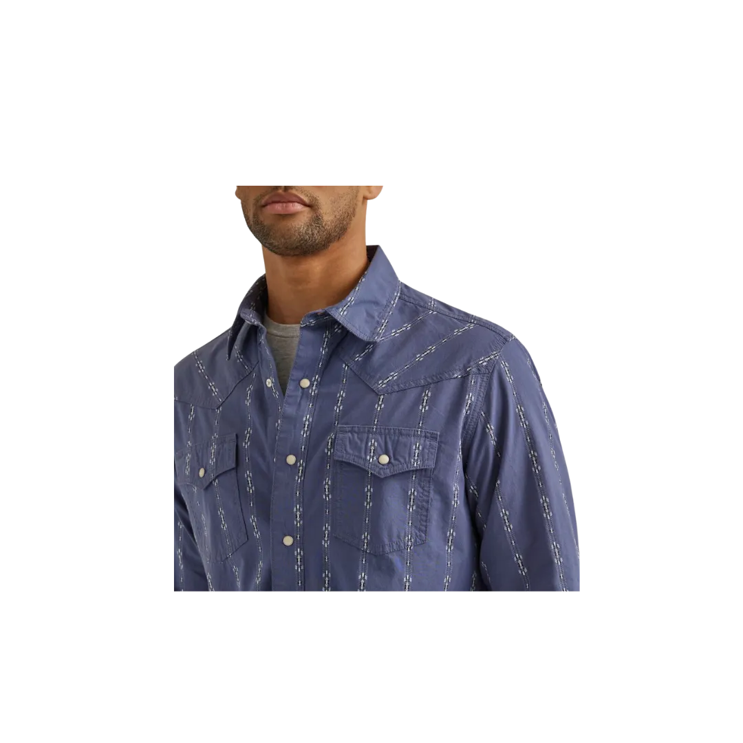 Wrangler Men's Vintage Printed Retro Premium Collared Long Sleeve Western Snap Indigo Shirt