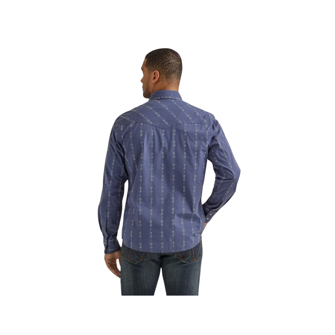 Wrangler Men's Vintage Printed Retro Premium Collared Long Sleeve Western Snap Indigo Shirt