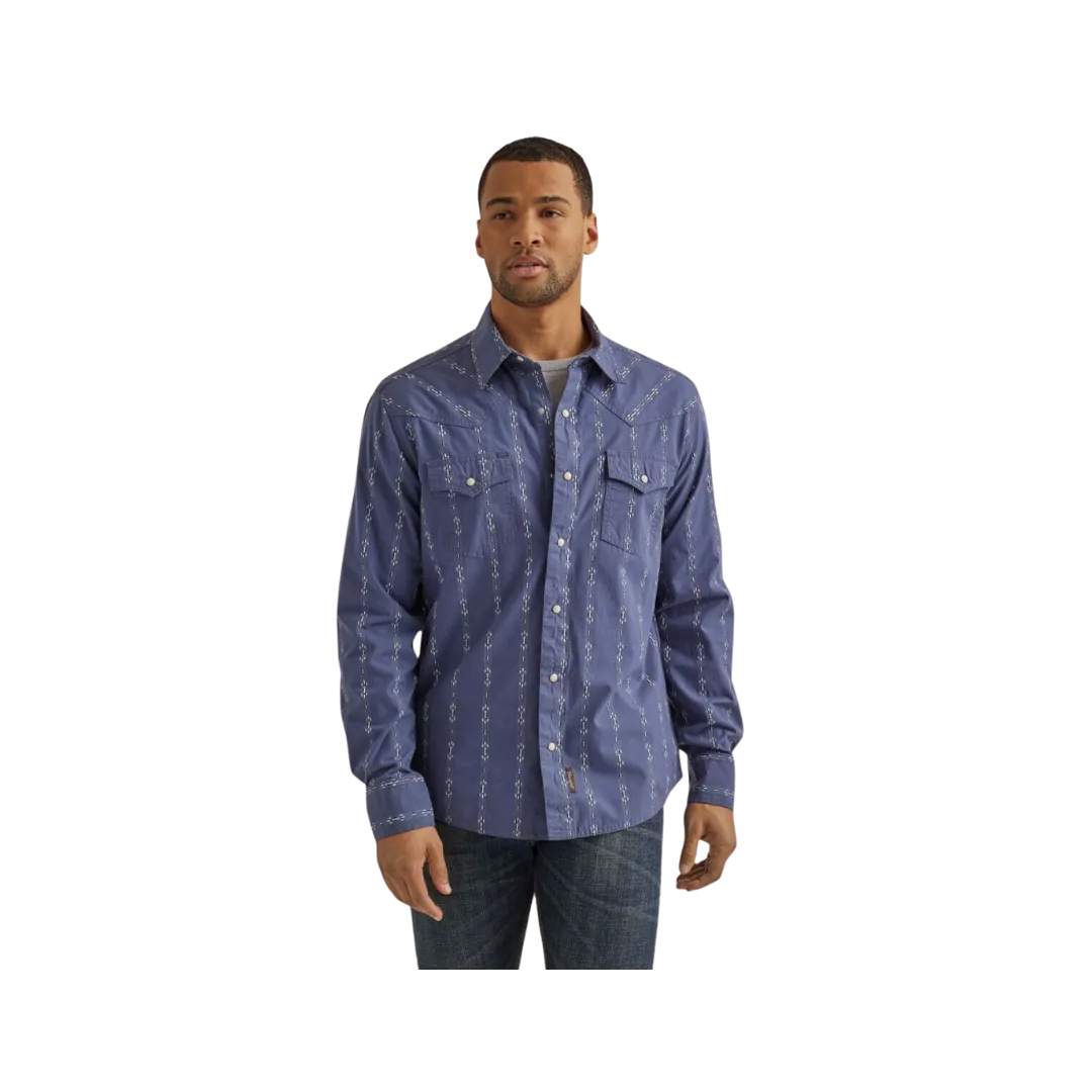Wrangler Men's Vintage Printed Retro Premium Collared Long Sleeve Western Snap Indigo Shirt